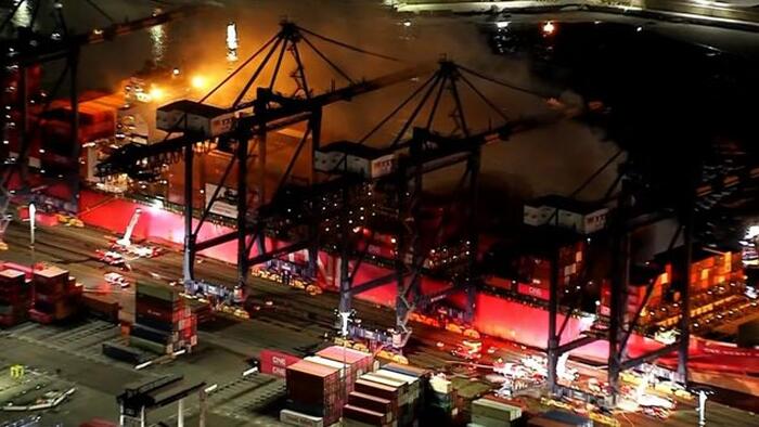 Fire Breaks Out On Container Ship Moored At Los Angeles Port